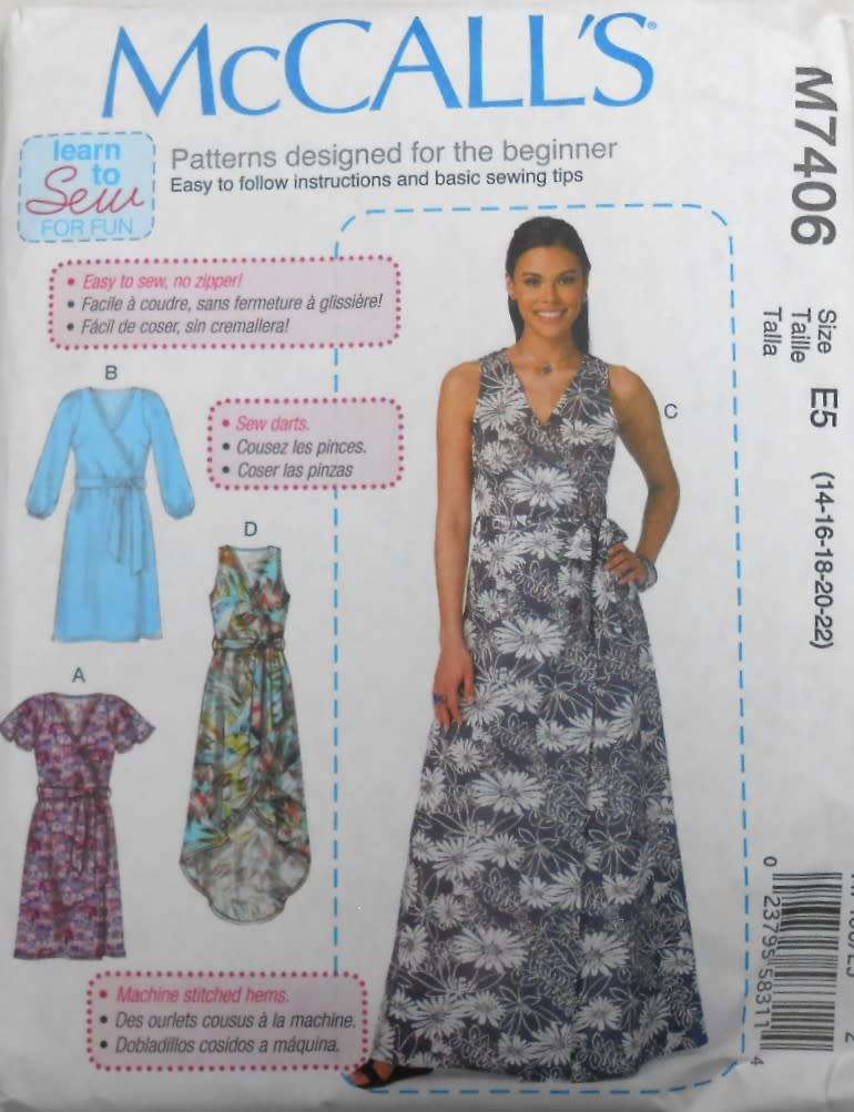 McCALLS M 7406 FITTED WRAPPED DRESSES & BELT SIZE 14-16-18-20-22 COMPLETE-CUT TO 22