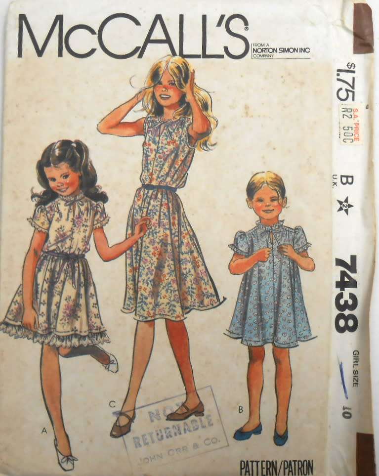 McCALLS 7438 GIRLS LOOSE FITTING PULLOVER DRESS SIZE 10 YEARS COMPLETE-UNCUT-F/FOLDED