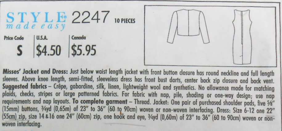STYLE 2247 JACKET & DRESS SIZE 6-16 COMPLETE