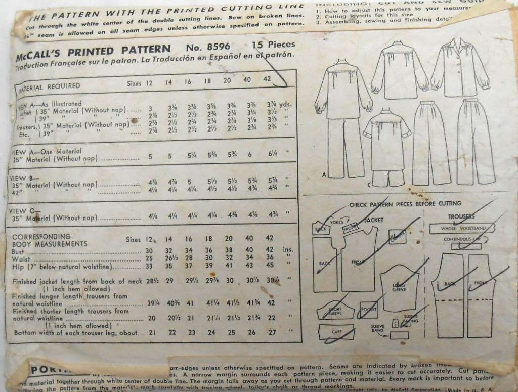 V/VINTAGE McCALLS 8596LADIES 2 PIECE PJS  SIZE 20 BUST 38 COMPLETE-ZIPLOC BAG