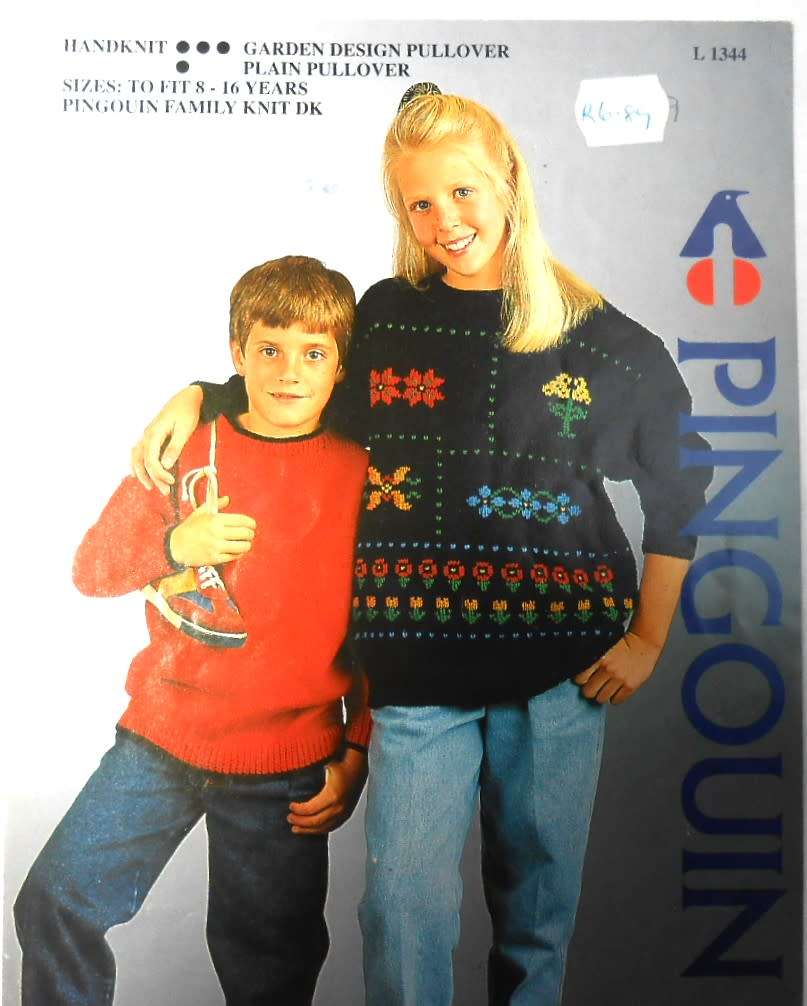 PINGOUIN L1344 PLAIN Pullover & GARDEN DESIGN PULLOVER for ages 8  -16 years