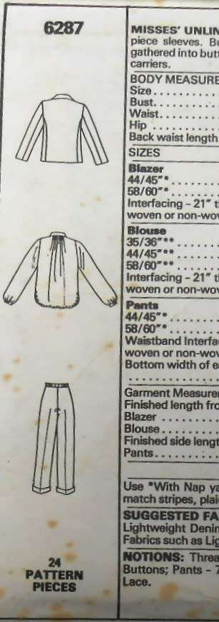McCALLS 6287 UNLINED BLAZER-PANTS-BLOUSE SIZE 12 BUST 34 COMPLETE-PART CUT