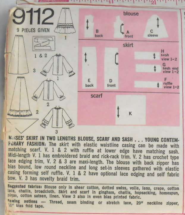 SIMPLICITY 9112 SKIRT-BLOUSE-SCARF-SASH SIZE 16 BUST 36 COMPLETE-MOSTLY UNCUT-ZIPLOC