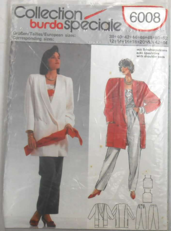 BURDA 6008 LONG JACKET-CAMISOLE-PANTS  SIZE 12-44 COMPLETE-UNCUT-F/FOLDED