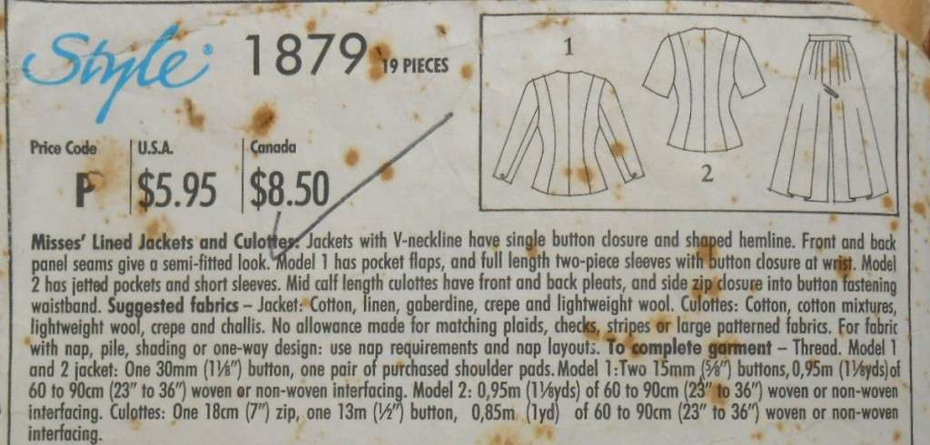 STYLE 1879 - LINED JACKET & CULOTTES SIZE 6-18 COMPLETE-ZIPLOC