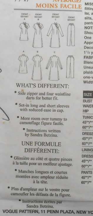 VOGUE 7747 TUNIC-DRESS-PANTS  SIZE 32-36 (A-B-C) COMPLETE-PART CUT TO C36