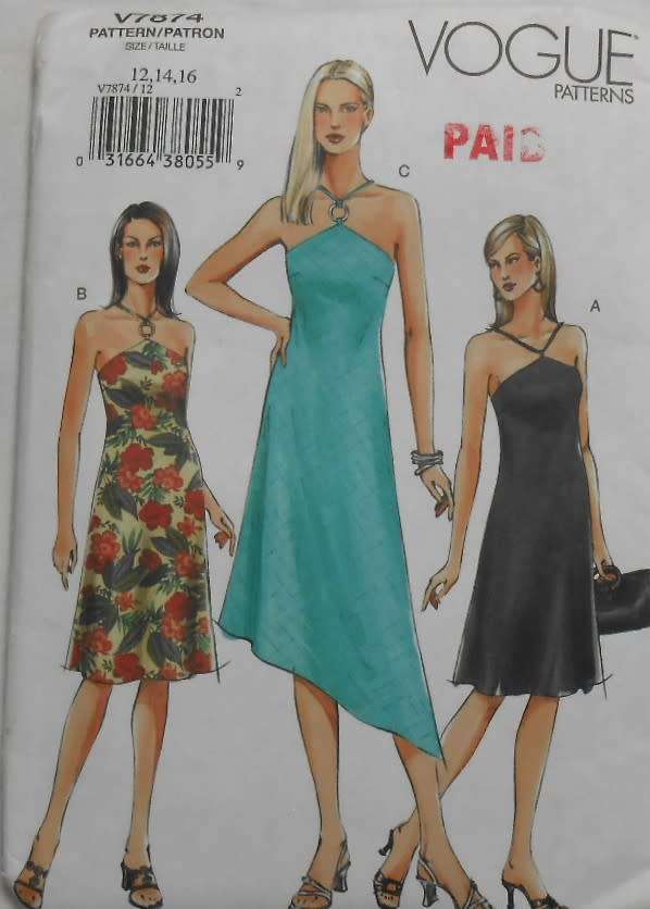 VOGUE V7874 UNLINED DRESS-SLIGHTLY FLARED FITTED-STRAP--SHAPED HEM  SIZE 12-14-16 COMPLETE-CUT TO 16