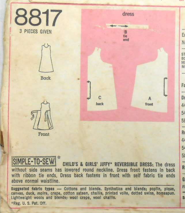SIMPLICITY 8817 GIRLS REVERSIBLE DRESS SIZE 10 YEARS BREAST 28 1/2 COMPLETE