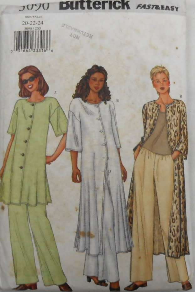 BUTTERICK 3090 VERY LOOSE FITTING A-LINE TUNIC-STRAIGHT LEG PANTS SIZE 20-22-24 COMPLETE-CUT TO 24