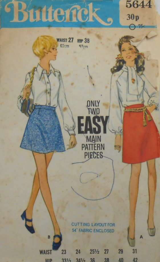 VINTAGE BUTTERICK 5644 SKIRT - SIZE WAIST 27 HIP 38 COMPLETE