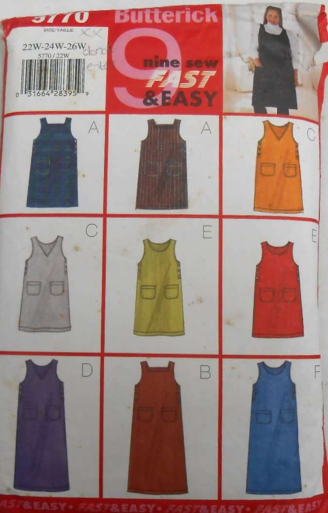 BUTTERICK 5770 WOMAN`S PINAFORE SIZE 22W-24W-26W - THE POCKET PATTERN1  IS NOT SUPPLIED-CUT TO 26W