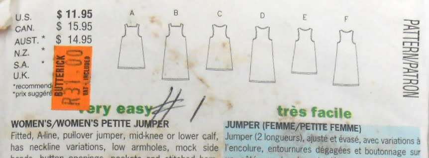 BUTTERICK 5770 WOMAN`S PINAFORE SIZE 22W-24W-26W - THE POCKET PATTERN1  IS NOT SUPPLIED-CUT TO 26W