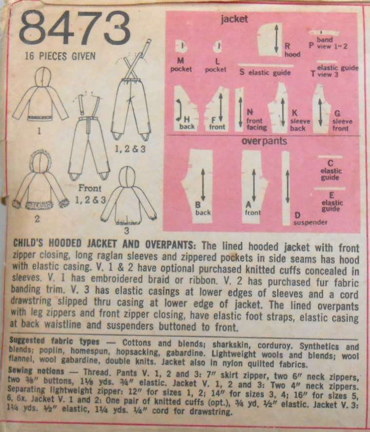 VINTAGE SIMPLICITY 8473 TODDLERS HOODED JACKET-OVER PANTS  SIZE 2 YEARS CHEST 21-COMPLETE-ZIPLOC