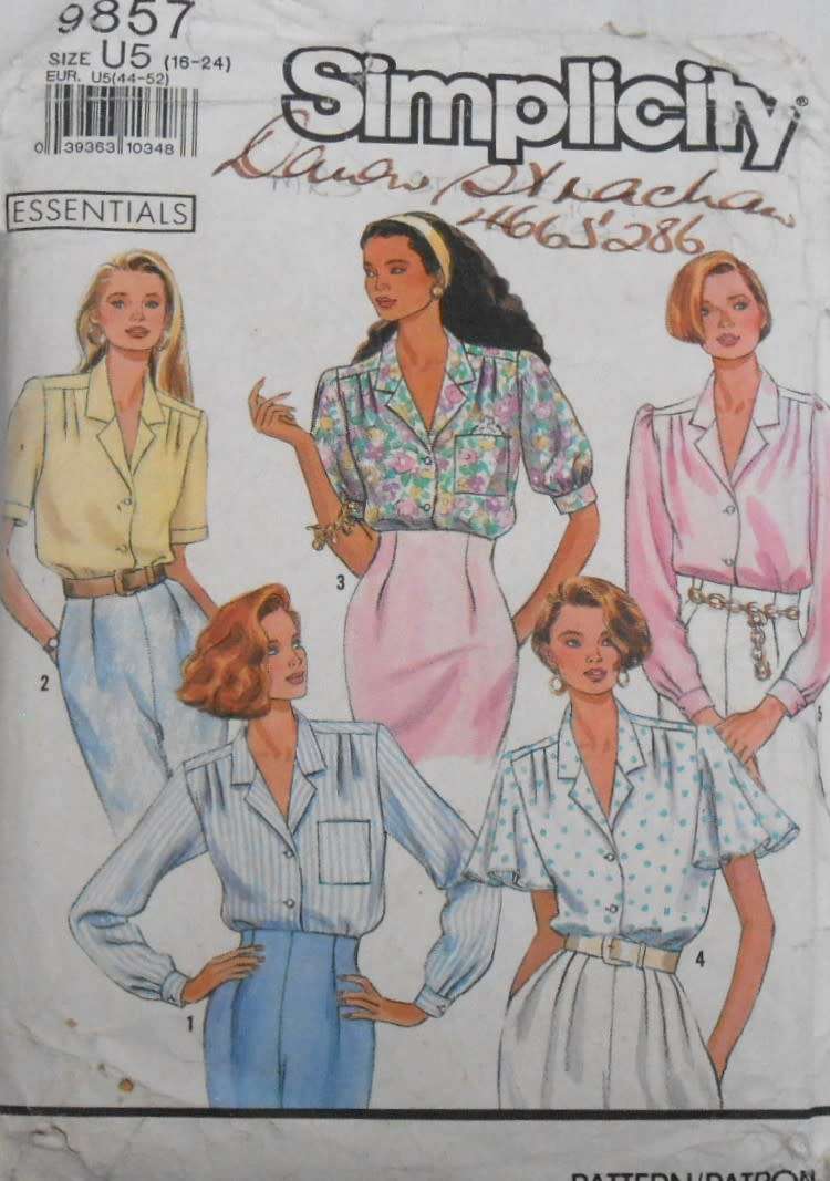 SIMPLICITY 9857 BLOUSE WITH SLEEVE VARIATIONS- SIZE 16-24 SEE LISTING CUT TO SIZE 16