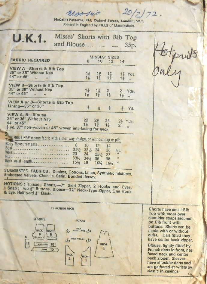 VINTAGE McCALLS UK 1  HOT PANTS SIZE 12 BUST 36 NO BLOUSE PATTERN SUPPLIED-ZIPLOC
