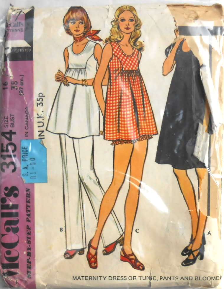 VINTAGE McCALLS 3133 MATERNITY DRESS-TUNIC-PANTS-BLOOMERS SIZE 16 BUST 38 COMPLETE-ZIPLOC