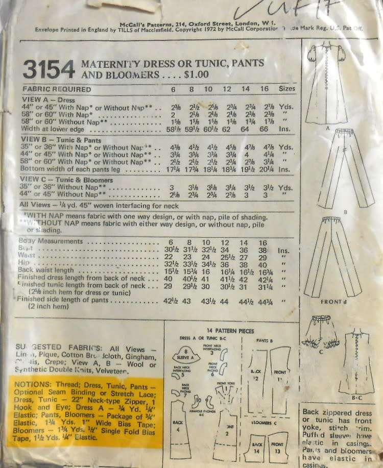 VINTAGE McCALLS 3133 MATERNITY DRESS-TUNIC-PANTS-BLOOMERS SIZE 16 BUST 38 COMPLETE-ZIPLOC