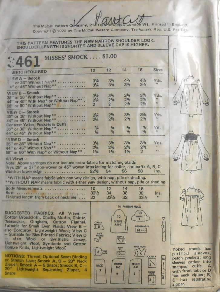 VINTAGE McCALLS 3461 SMOCK SIZE 12 BUST 34 COMPLETE-PART CUT-ZIPLOC