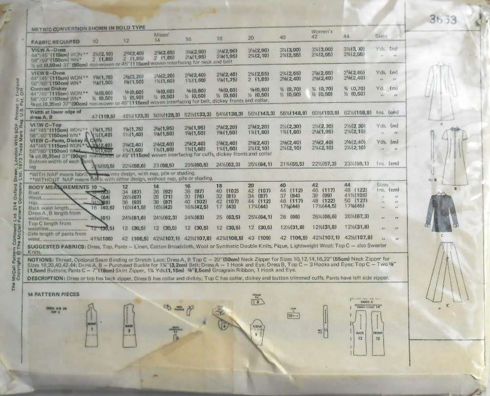 VINTAGE McCALLS 3653DRESS-TOP-PANTS SIZE 44 BUST 48 COMPLETEUNCUT-F/FOLDED-ZIPLOC