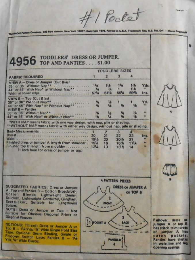 VINTAGE McCALLS 4956 TODDLERS DRESS-PINAFORE-TOP & PANTIE SIZE 1 YEARS BREAST 20 SEE LISTING