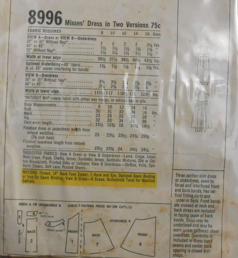 McCALLS 8996 DRESS IN 2 VERSIONS SIZE 16 BUST 36 COMPLETE-UNCUT-F/FOLDED-ZIPLOC