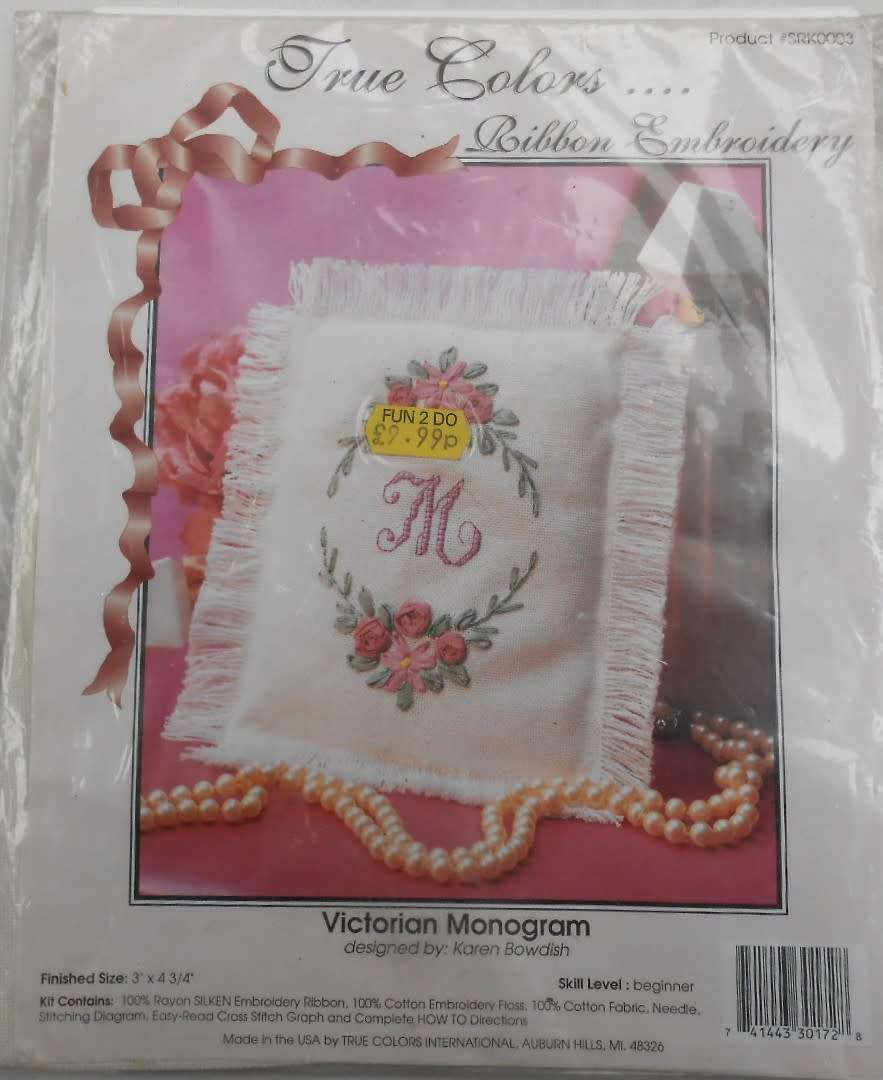 TRUE COLOURS...RIBBON EMBROIDERY-VICTORIAN MONOGRAM - COMPLETE UNUSED EMBROIDERY KIT