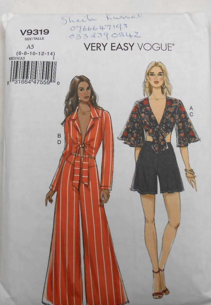 VERY EASY VOGUE PATTERN V9319 TOPS-SHORTS-PANTS-SIZE 6-8-10-12-14- COMPLETE-CUT TO SIZE 14