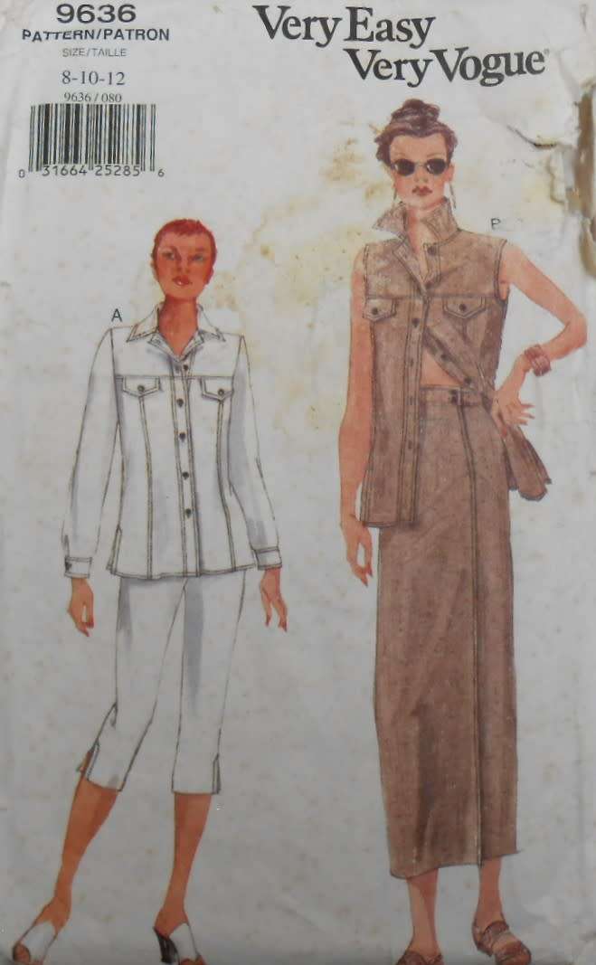 VERY EASY VOGUE PATTERN 9636 TOP-SKIRTS-PANTS-SIZE 8-10-12- COMPLETE-CUT TO SIZE 12-ZIPLOC BAG