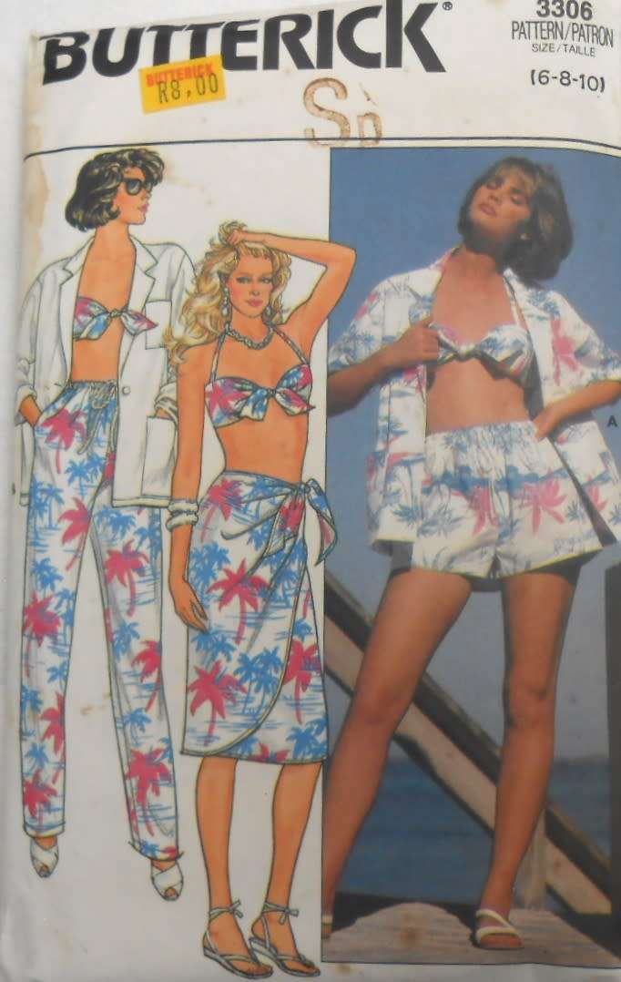 BUTTERICK 3306 SKIRT-SHIRT-PANTS-SHORTS-BRA SIZE 6-8-10 COMPLETE-PART CUT TO 8
