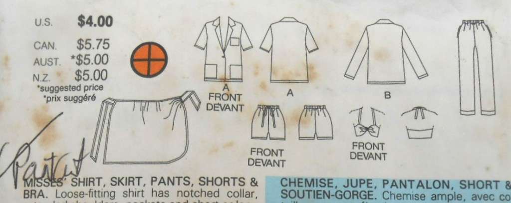 BUTTERICK 3306 SKIRT-SHIRT-PANTS-SHORTS-BRA SIZE 6-8-10 COMPLETE-PART CUT TO 8