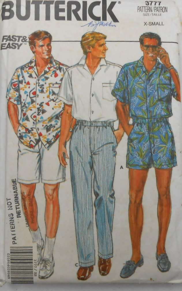 BUTTERICK 3777 MEN`S SHIRT-SHORTS-PANTS SIZE X-SMALL (30-32) COMPLETE-MOSTLY UNCUT