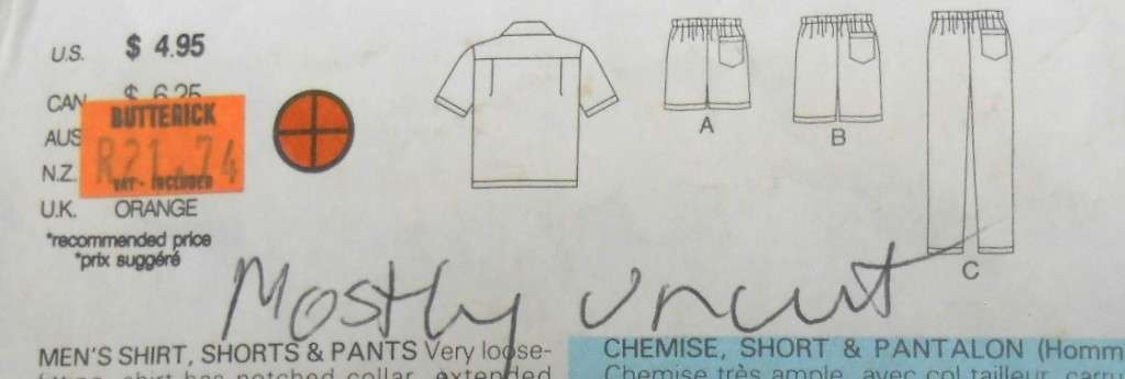 BUTTERICK 3777 MEN`S SHIRT-SHORTS-PANTS SIZE X-SMALL (30-32) COMPLETE-MOSTLY UNCUT