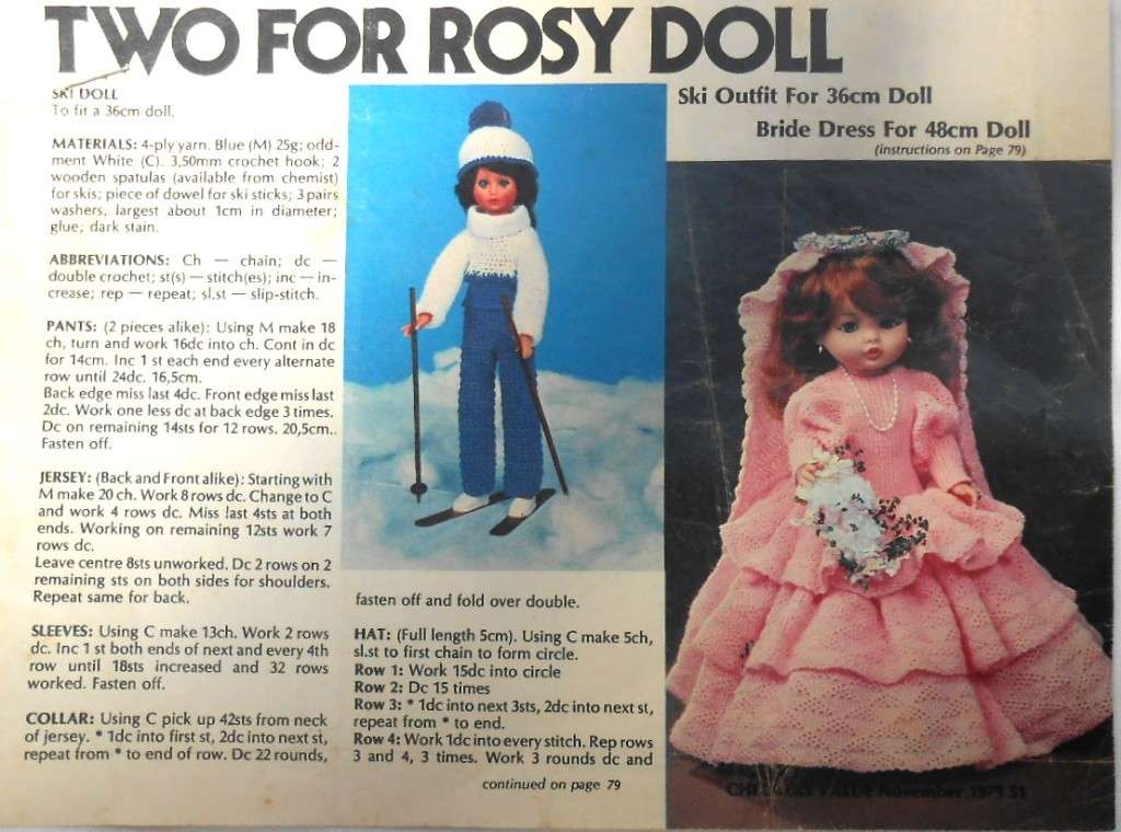 TWO  FOR ROSY DOLL-SKI OUTFIT FOR 36 CM DOLL-BRIDE DRESS FOR 48 CM DOLL-CHECKERS VALUE NOVEMBER 1979