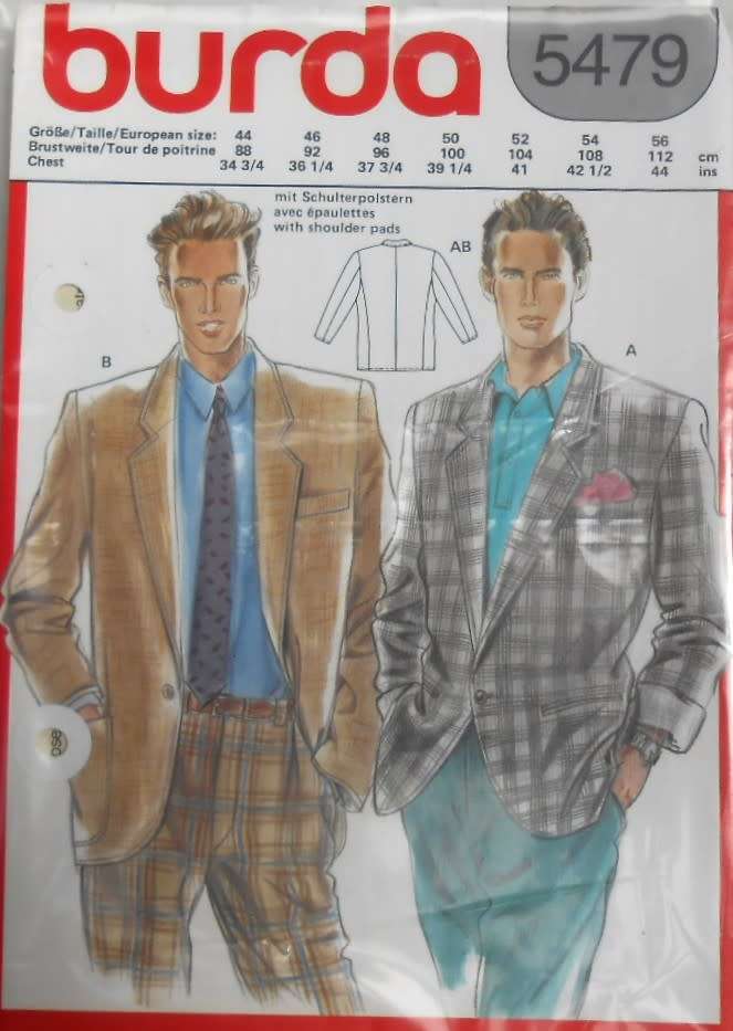 BURDA 5479 MENS JACKET SIZE 44-56 COMPLETE-UNCUT-F/FOLDED