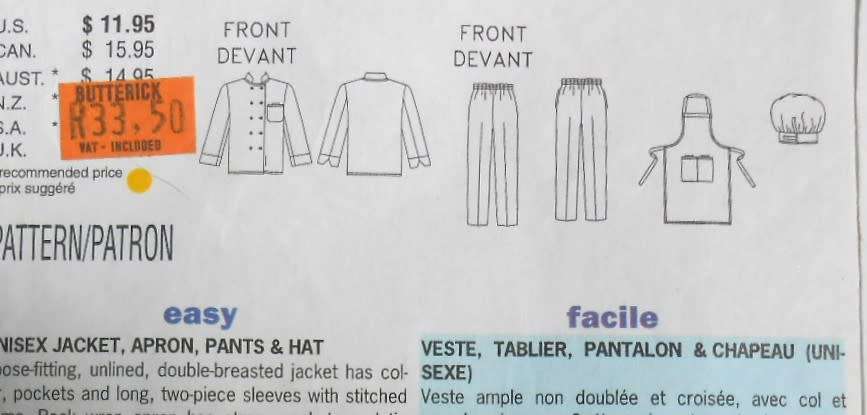 BUTTERICK 5603 - CHEF PANTS-JACKET-APRON-HAT  SIZE L - XL (42-48) COMPLETE-ZIPLOC