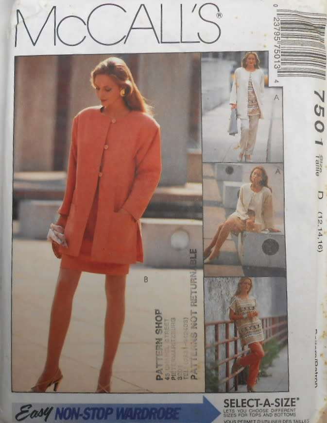 McCALLS 7501 UNLINED JACKET-TUNIC-TOP-PULL ON PANTS& SKIRT-  SIZE 12-14-16 COMPLETE-CUT TO 16