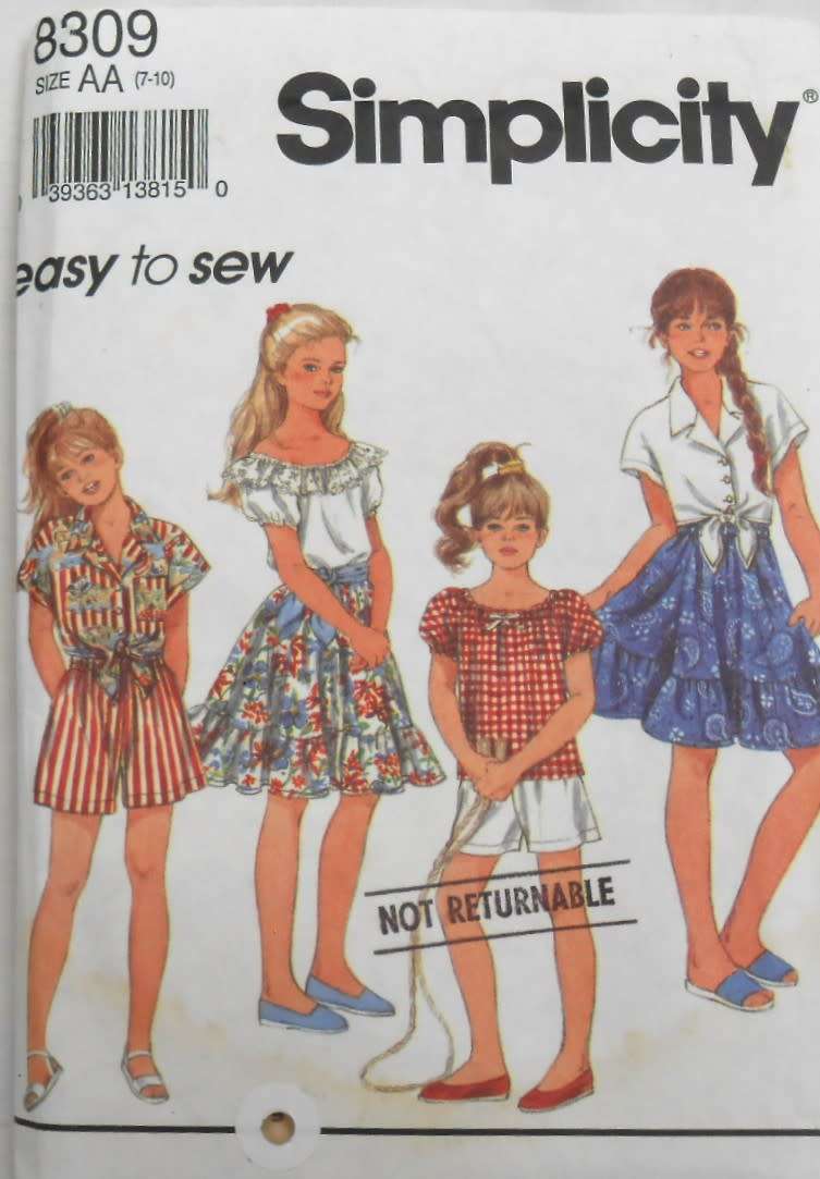 SIMPLICITY 8309 GIRLS SHORTS-SKIRT-TOP-SHIRT SIZE 7-10 YEARS COMPLETE CUT TO 10 YEARS)-ZIPLOC