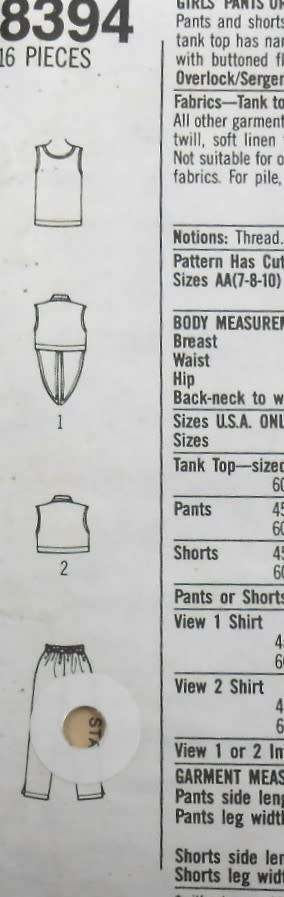 SIMPLICITY 8394 GIRLS PANTS-SHORTS-TANK TOP-SHIRT SIZE 7-10 YEARS COMPLETE CUT TO 10 YEARS-ZIPLOC