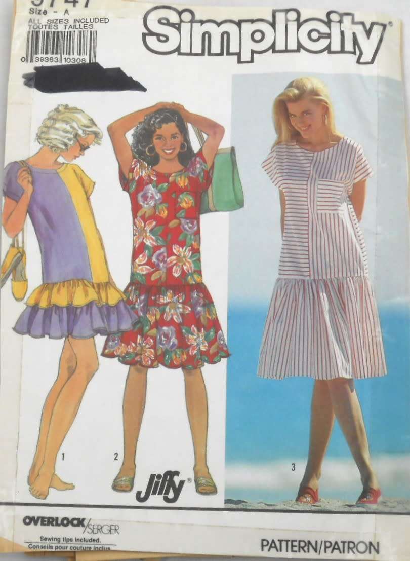 SIMPLICITY 9747 PULLOVER DRESS WITH DROP WAIST SIZE XS-XL COMPLETE-CUT TO XL 22-24-ZIPLOC