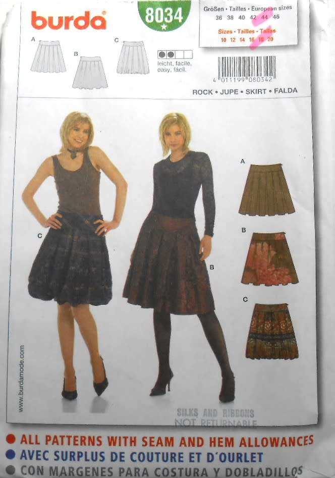 BURDA 8034 SET OF SKIRTS SIZE 10-20- COMPLETE