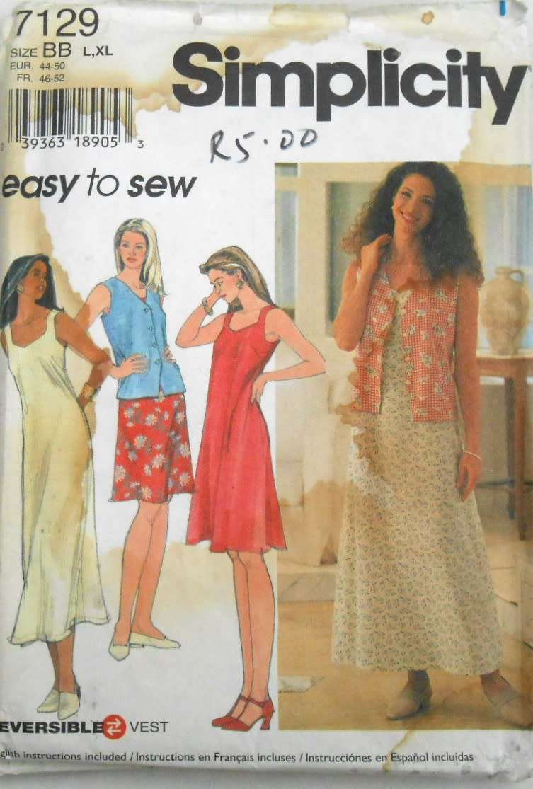 SIMPLICITY 7129 SWEETHEART SHAPE NECK DRESS-REVERSIBLE WAISTCOAT SIZE L-XL (18-24) COMPLETE-PART CUT