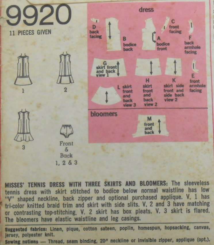 SIMPLICITY 9920  TENNIS DRESS WITH THREE SKIRTS & BLOOMERS SIZE 12 BUST 34 COMPLETE