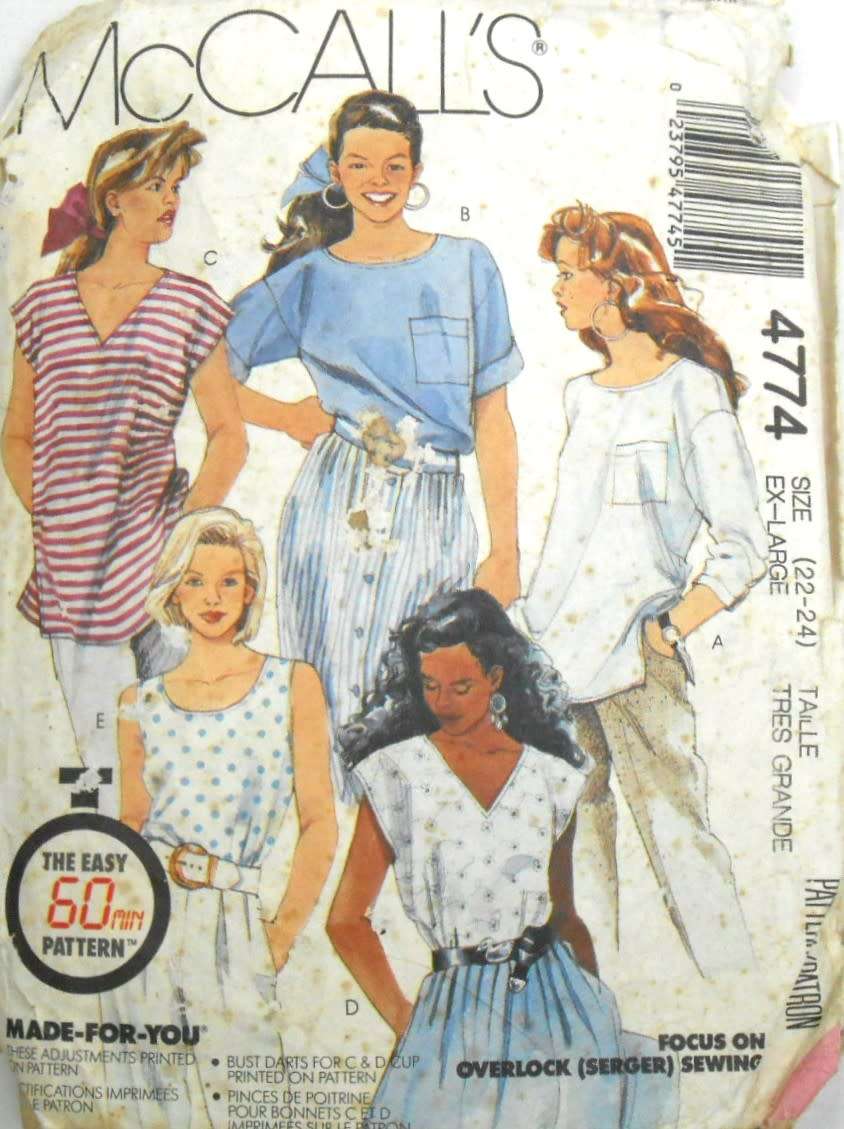 McCALLS 4774 SET OF TOPS SIZE EX-LARGE 22-24 - COMPLETE-NO FACINGS SUPPLIED-ZIPLOC