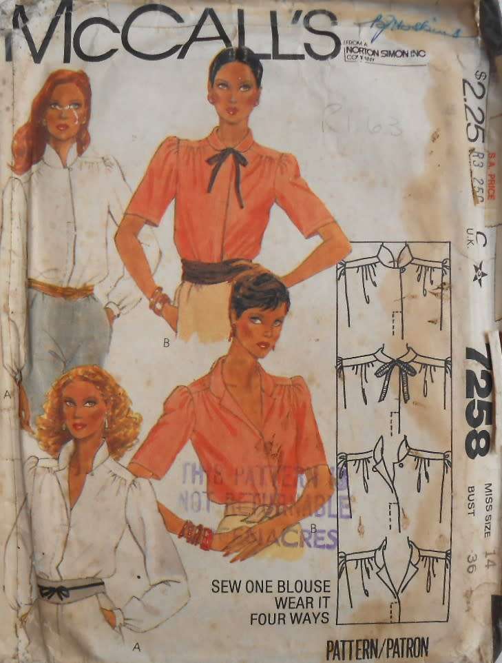 McCALLS 7258 BLOUSES SIZE 14 BUST 36 COMPLETE-ZIPLOC