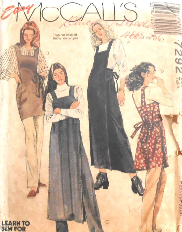 McCALLS 7292 APRON DRESSES-TOPS-PULL ON PANTS SIZE XS-S-M (4-14) COMPLETE-UNCUT-F/FOLDED