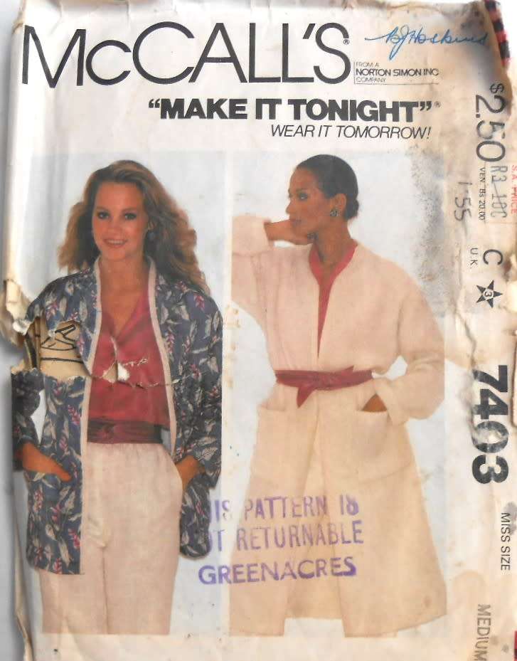 McCALLS 7403 COAT OR JACKET SIZE MEDIUM 12-14 COMPLETE-ZIPLOC