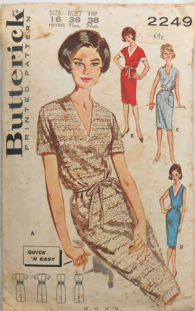 VINTAGE BUTTERICK 2249 V NECK SHEATH DRESS SIZE 16 BUST 36 - NO SLEEVE PATTERN SUPPLIED