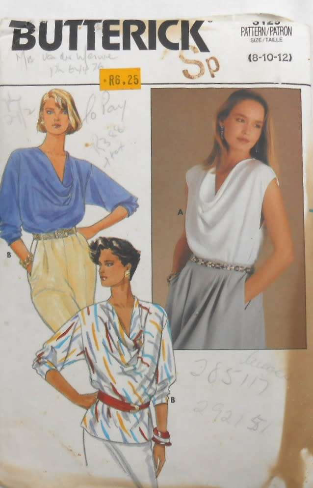 BUTTERICK 3129 LOOSE FITTING PULLOVER BLOUSE WITH DRAPE-SIZE 8-10-12 COMPLETE-UNCUT