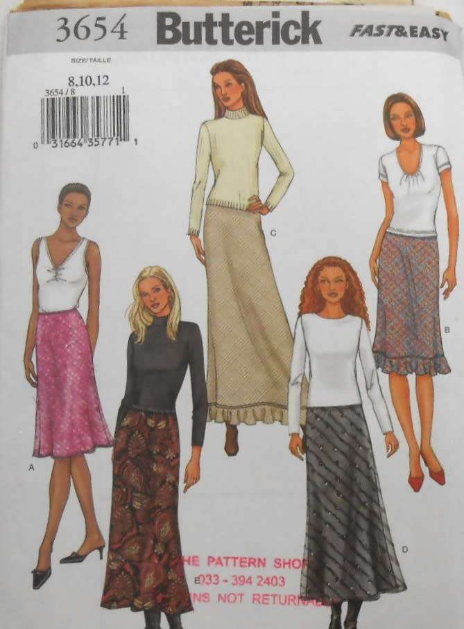 BUTTERICK 3654 BIAS CUT LINED SKIRTS SIZE 8-10-12 COMPLETE-CUT TO 12-ZIPLOC