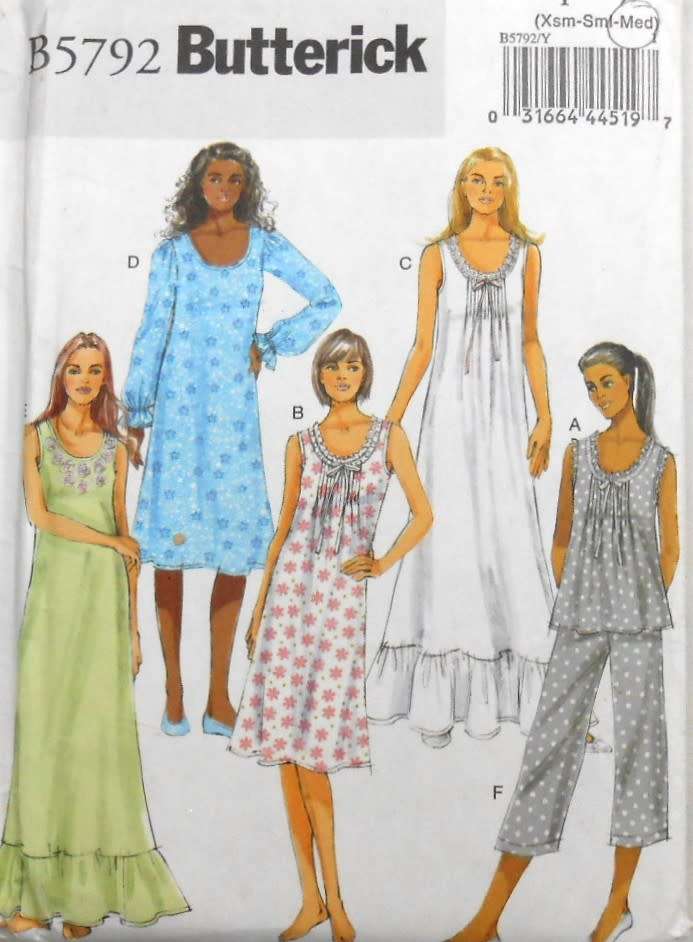 BUTTERICK B5792 SLEEPWEAR TOP-GOWN-PANTS SIZE XS-S-M (6-14) COMPLETE-CUT M-NO SEWING INST PAGE 1/2